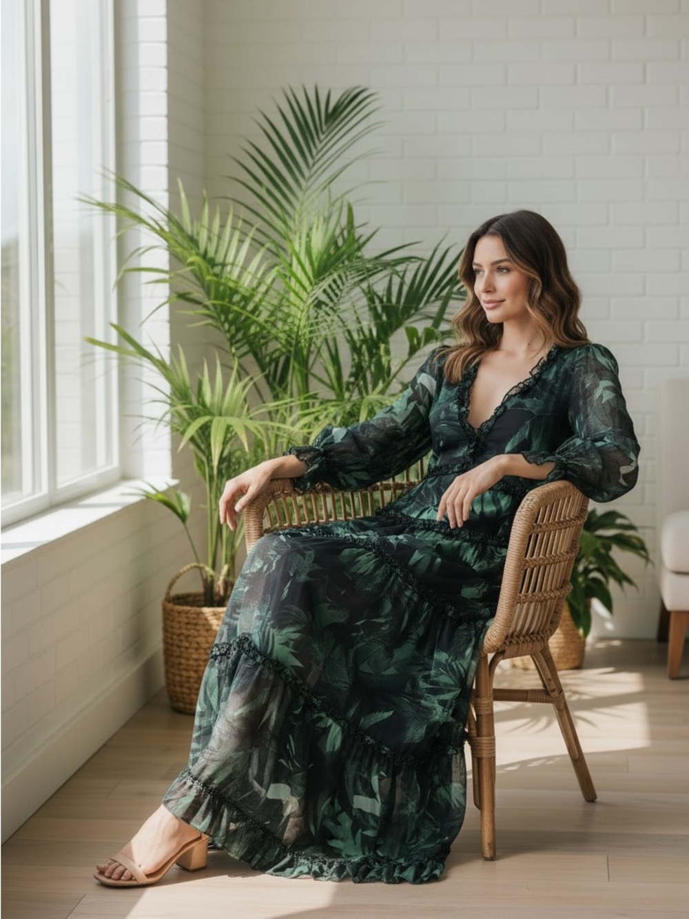 Green Leaf-Print Tiered Maxi Dress by Truly 4 You